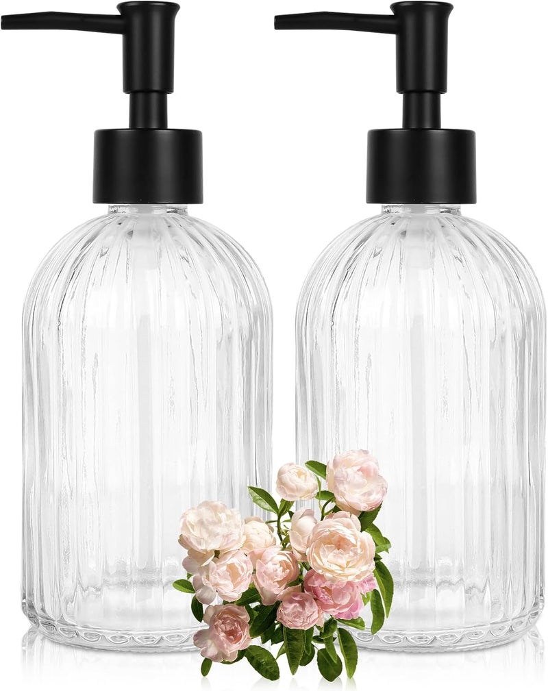 Ulable 2 Pack Glass Soap Dispenser with Pump, 13.5oz Refillable Soap Dispensers with Vertical Stripe for Hand Wash & Dish Wash, Elegant Bathroom Soap Dispenser for Dishwashing Liquid, Lotion - Image 1